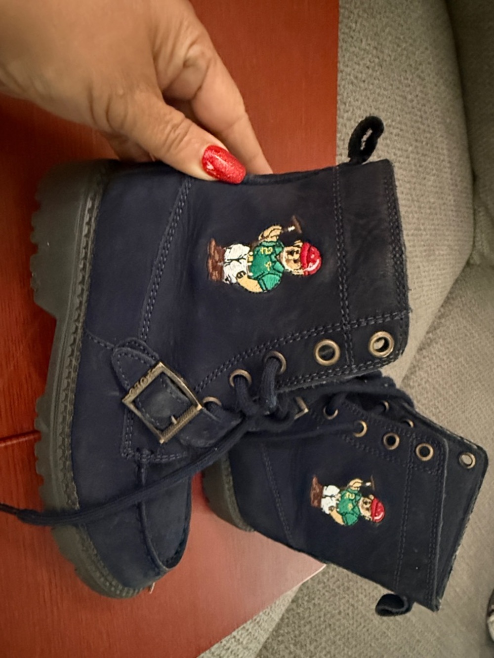 Navy Embroidered Lace-Up Combat Boots